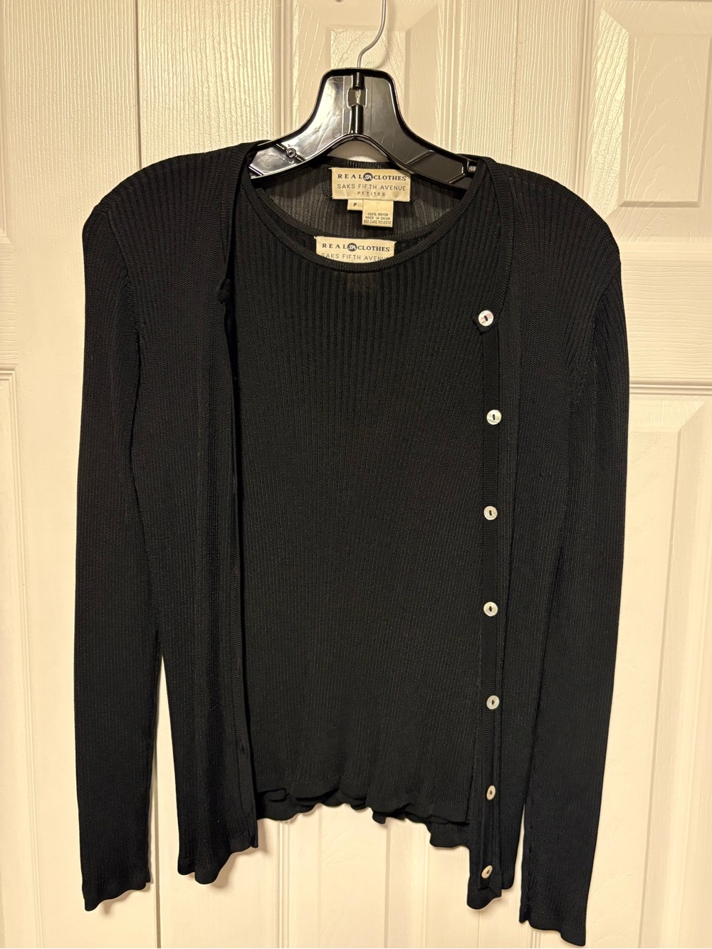 Saks Fifth Avenue Classic Black Ribbed Button-Front Cardigan Set